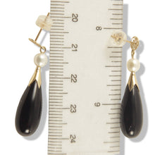Load image into Gallery viewer, 14K Yellow Gold Oriental Black Onyx &amp; Pearl Dangle Earrings