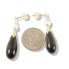 Load image into Gallery viewer, 14K Yellow Gold Oriental Black Onyx &amp; Pearl Dangle Earrings