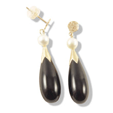Load image into Gallery viewer, 14K Yellow Gold Oriental Black Onyx &amp; Pearl Dangle Earrings