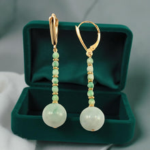 Load image into Gallery viewer, 14K Yellow Gold Celadon Green Jadeite Dangling Earrings