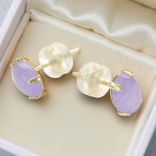 Load image into Gallery viewer, 14K Yellow Gold Oval Lavender Jade Cabochon Stud Earrings
