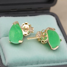 Load image into Gallery viewer, 14K Yellow Gold Pear Cabochon Green Jade Stud Earrings