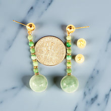Load image into Gallery viewer, 14K Yellow Gold Celadon Green Jadeite Ball Dangle Earrings