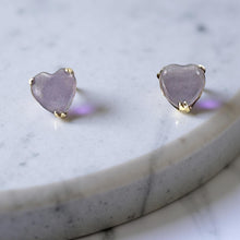 Load image into Gallery viewer, 14K Yellow Gold Handcrafted Heart Lavender Jade Stud Earrings