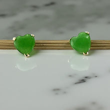 Load image into Gallery viewer, 14K Yellow Gold Heart Green Jade Stud Earrings