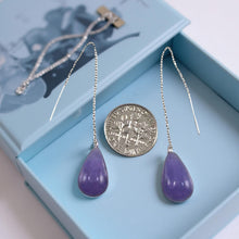 Load image into Gallery viewer, 14K White Gold Threader Chain Lavender Jade Teardrop Earrings