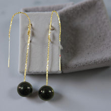 Load image into Gallery viewer, 14K Yellow Gold Threader Chain Black Onyx Bead Dangle Earrings