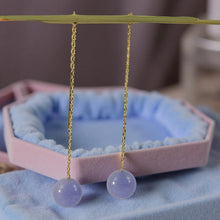Load image into Gallery viewer, 14K Yellow Gold Threader Chain Lavender Jade Bead Dangle Earrings
