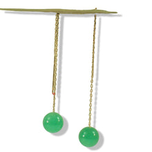 Load image into Gallery viewer, 14K Yellow Gold Threader Chain Green Jade Bead Dangle Earrings