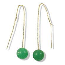 Load image into Gallery viewer, 14K Yellow Gold Threader Chain Green Jade Bead Dangle Earrings