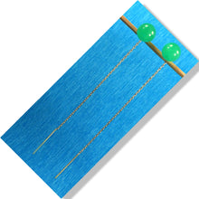 Load image into Gallery viewer, 14K Yellow Gold Threader Chain Green Jade Bead Dangle Earrings