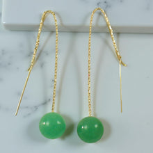 Load image into Gallery viewer, 14K Yellow Gold Threader Chain Green Jade Bead Dangle Earrings