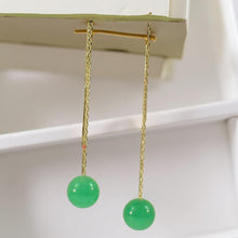 Load image into Gallery viewer, 14K Yellow Gold Threader Chain Green Jade Bead Dangle Earrings