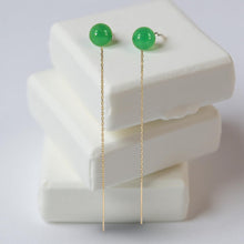 Load image into Gallery viewer, 14K Yellow Gold Threader Chain Green Jade Bead Dangle Earrings
