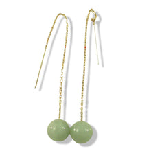 Load image into Gallery viewer, 14K Yellow Gold Threader Chain Bean Green Jade Bead Dangle Earrings
