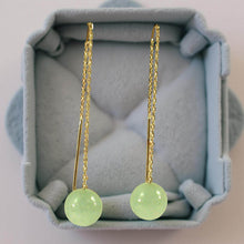 Load image into Gallery viewer, 14K Yellow Gold Threader Chain Bean Green Jade Bead Dangle Earrings