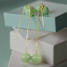 Load image into Gallery viewer, 14K Yellow Gold Threader Chain Bean Green Jade Bead Dangle Earrings