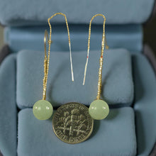 Load image into Gallery viewer, 14K Yellow Gold Threader Chain Bean Green Jade Bead Dangle Earrings