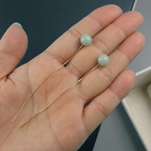 Load image into Gallery viewer, 14K Yellow Gold Threader Chain Bean Green Jade Bead Dangle Earrings