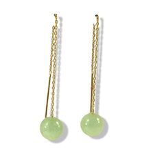 Load image into Gallery viewer, 14K Yellow Gold Threader Chain Bean Green Jade Bead Dangle Earrings