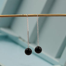 Load image into Gallery viewer, 14K White Gold Threader Chain Black Onyx Bead Dangle Earrings