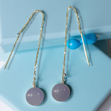 Load image into Gallery viewer, 14K White Gold Threader Chain Lavender Jade Bead Dangle Earrings