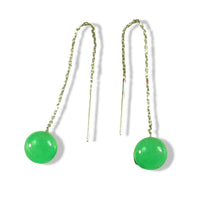 Load image into Gallery viewer, 14K White Gold Threader Chain Green Jade Bead Dangle Earrings