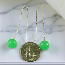 Load image into Gallery viewer, 14K White Gold Threader Chain Green Jade Bead Dangle Earrings