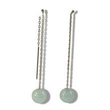 Load image into Gallery viewer, 14K White Gold Threader Chain Bean Green Jade Bead Dangle Earrings