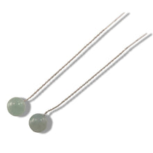 Load image into Gallery viewer, 14K White Gold Threader Chain Bean Green Jade Bead Dangle Earrings