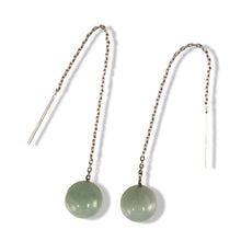 Load image into Gallery viewer, 14K White Gold Threader Chain Bean Green Jade Bead Dangle Earrings