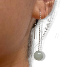 Load image into Gallery viewer, 14K White Gold Threader Chain Bean Green Jade Bead Dangle Earrings