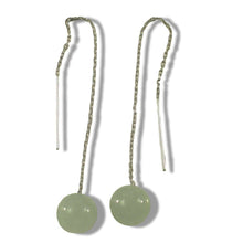 Load image into Gallery viewer, 14K White Gold Threader Chain Bean Green Jade Bead Dangle Earrings
