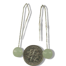 Load image into Gallery viewer, 14K White Gold Threader Chain Bean Green Jade Bead Dangle Earrings