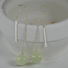 Load image into Gallery viewer, 14K White Gold Threader Chain Bean Green Jade Bead Dangle Earrings