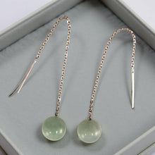 Load image into Gallery viewer, 14K White Gold Threader Chain Bean Green Jade Bead Dangle Earrings