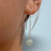 Load image into Gallery viewer, 14K White Gold Threader Chain Bean Green Jade Bead Dangle Earrings