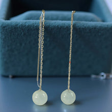 Load image into Gallery viewer, 14K White Gold Threader Chain Bean Green Jade Bead Dangle Earrings