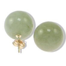 Load image into Gallery viewer, 14K Yellow Gold 12mm Nature Celadon Green Jadeite Stud Earrings