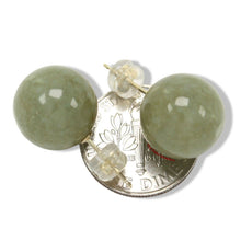 Load image into Gallery viewer, 14K Yellow Gold 12mm Nature Celadon Green Jadeite Stud Earrings