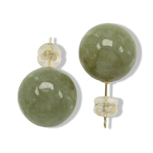 Load image into Gallery viewer, 14K Yellow Gold 12mm Nature Celadon Green Jadeite Stud Earrings