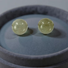 Load image into Gallery viewer, 14K Yellow Gold 12mm Nature Celadon Green Jadeite Stud Earrings