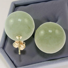 Load image into Gallery viewer, 14K Yellow Gold 12mm Nature Celadon Green Jadeite Stud Earrings
