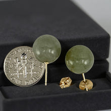 Load image into Gallery viewer, 14K Yellow Gold 12mm Nature Celadon Green Jadeite Stud Earrings