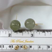 Load image into Gallery viewer, 14K Yellow Gold 12mm Nature Celadon Green Jadeite Stud Earrings