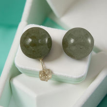 Load image into Gallery viewer, 14K Yellow Gold 12mm Nature Celadon Green Jadeite Stud Earrings