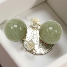 Load image into Gallery viewer, 14K Yellow Gold 12mm Nature Celadon Green Jadeite Stud Earrings