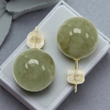 Load image into Gallery viewer, 14K Yellow Gold 12mm Nature Celadon Green Jadeite Stud Earrings