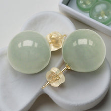 Load image into Gallery viewer, 14Kt Yellow Gold 12mm Nature Celadon Green Jadeite Stud Earrings
