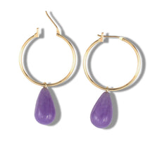 Load image into Gallery viewer, 14K Yellow Gold Hoop Lavender Jade Dangle Earrings